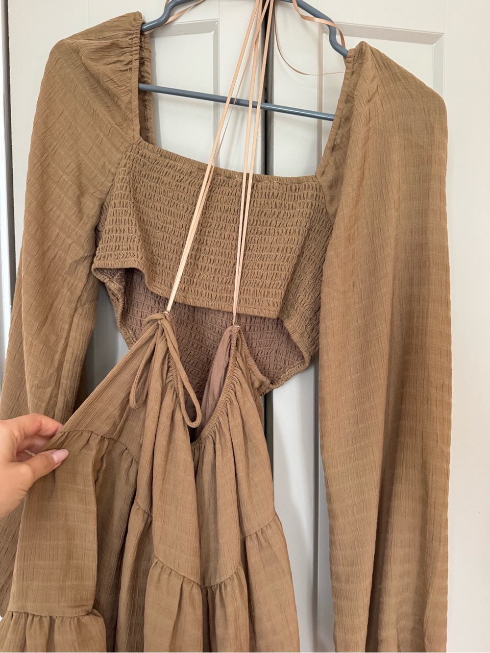 12th Tribe Brown Smocked Puff-Sleeve Tiered Mini Dress - Picture 5 of 5